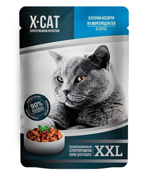 X-CAT XXL консервы для кошек ассорти из морепродуктов в соусе, 85г х 12 шт